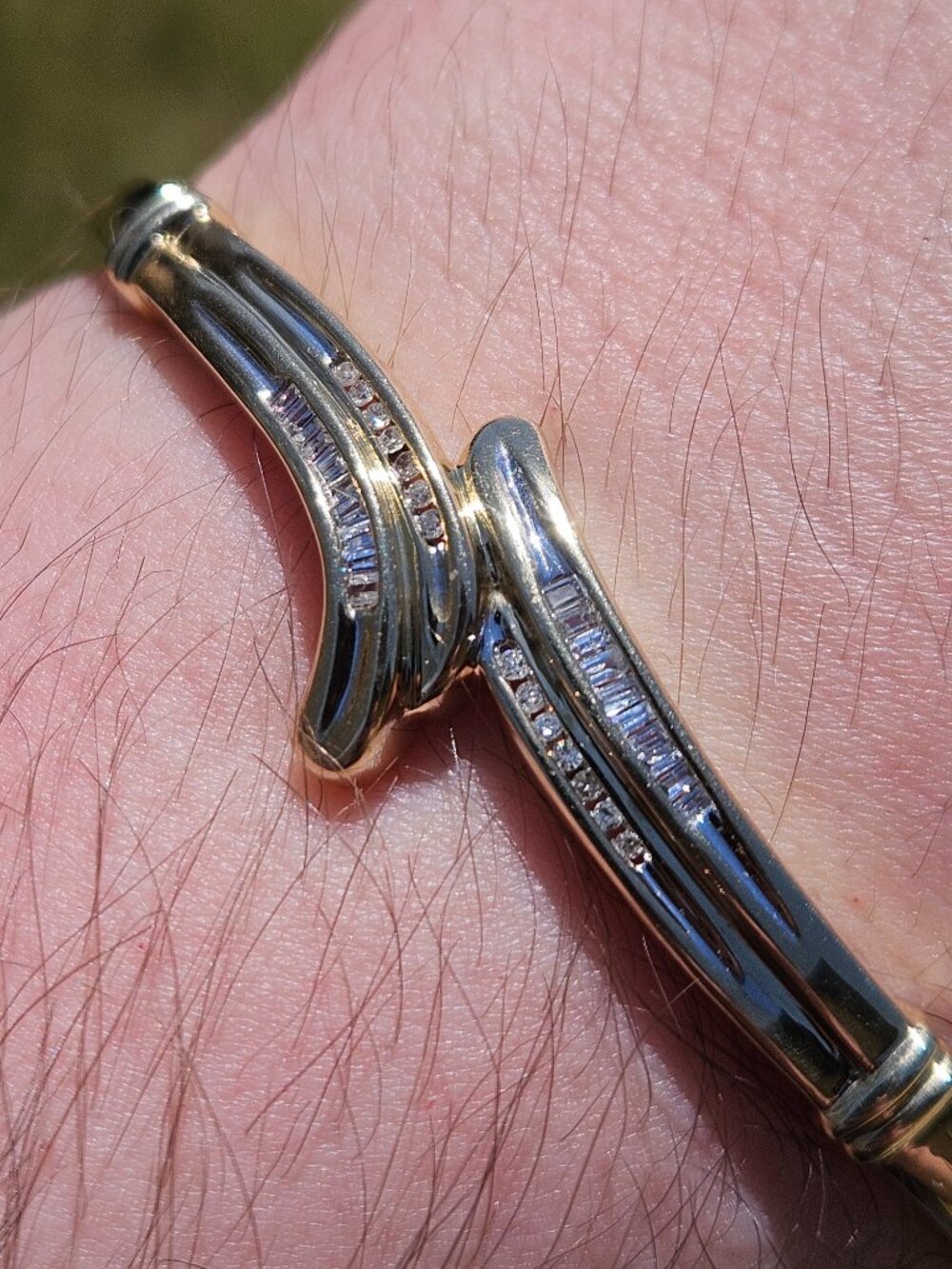 10K Yellow Gold 2 Row Baguette & Round Diamond Bypass Bracelet Cuff 5.5-6 inches